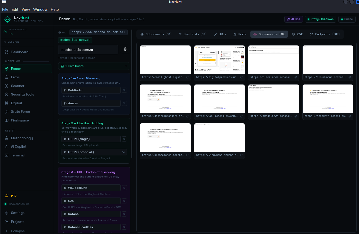 NexHunt recon pipeline showing subfinder, amass, and httpx running in parallel, 13 subdomains discovered, 282 endpoints found